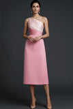 Pink One Shoulder Ruched Midi Patchwork Wedding Guest Dress