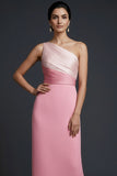 Pink One Shoulder Ruched Midi Patchwork Wedding Guest Dress