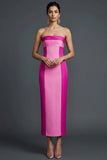 Fuchsia Patchwork Strapless Sheath Long Wedding Guest Dress