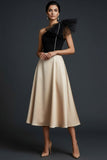 Black and Champagne One Shoulder A Line Midi Wedding Guest Dress with Bow