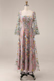 Mauve Floral A Line Embroidered Flutter Sleeves Long Prom Dress