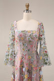 Mauve Floral A Line Embroidered Flutter Sleeves Long Prom Dress