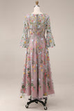Mauve Floral A Line Embroidered Flutter Sleeves Long Prom Dress