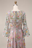 Mauve Floral A Line Embroidered Flutter Sleeves Long Prom Dress