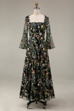 Mauve Floral A Line Embroidered Flutter Sleeves Long Prom Dress