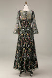 Mauve Floral A Line Embroidered Flutter Sleeves Long Prom Dress