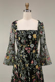 Mauve Floral A Line Embroidered Flutter Sleeves Long Prom Dress