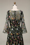 Mauve Floral A Line Embroidered Flutter Sleeves Long Prom Dress