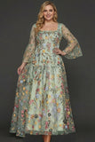 A Line Mauve Floral Embroidered Plus Size Long Prom Dress with Flutter Sleeves