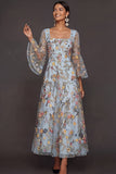Mauve Floral A Line Embroidered Flutter Sleeves Long Prom Dress