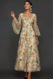 Mauve Floral A Line Embroidered Flutter Sleeves Long Prom Dress