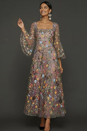 Mauve Floral A Line Embroidered Flutter Sleeves Long Prom Dress