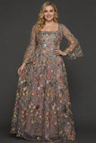 A Line Mauve Floral Embroidered Plus Size Long Prom Dress with Flutter Sleeves