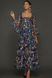 Mauve Floral A Line Embroidered Flutter Sleeves Long Prom Dress