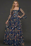 A Line Mauve Floral Embroidered Plus Size Long Prom Dress with Flutter Sleeves