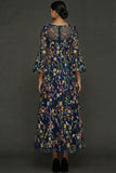 Mauve Floral A Line Embroidered Flutter Sleeves Long Prom Dress