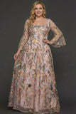 A Line Mauve Floral Embroidered Plus Size Long Prom Dress with Flutter Sleeves