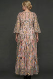 A Line Mauve Floral Embroidered Plus Size Long Prom Dress with Flutter Sleeves