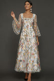 Mauve Floral A Line Embroidered Flutter Sleeves Long Prom Dress