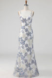 Dusty Blue Floral Mermaid Long Jacquard Wedding Guest Dress