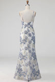 Dusty Blue Floral Mermaid Long Jacquard Wedding Guest Dress
