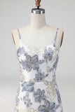 Dusty Blue Floral Mermaid Long Jacquard Wedding Guest Dress