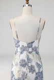 Dusty Blue Floral Mermaid Long Jacquard Wedding Guest Dress