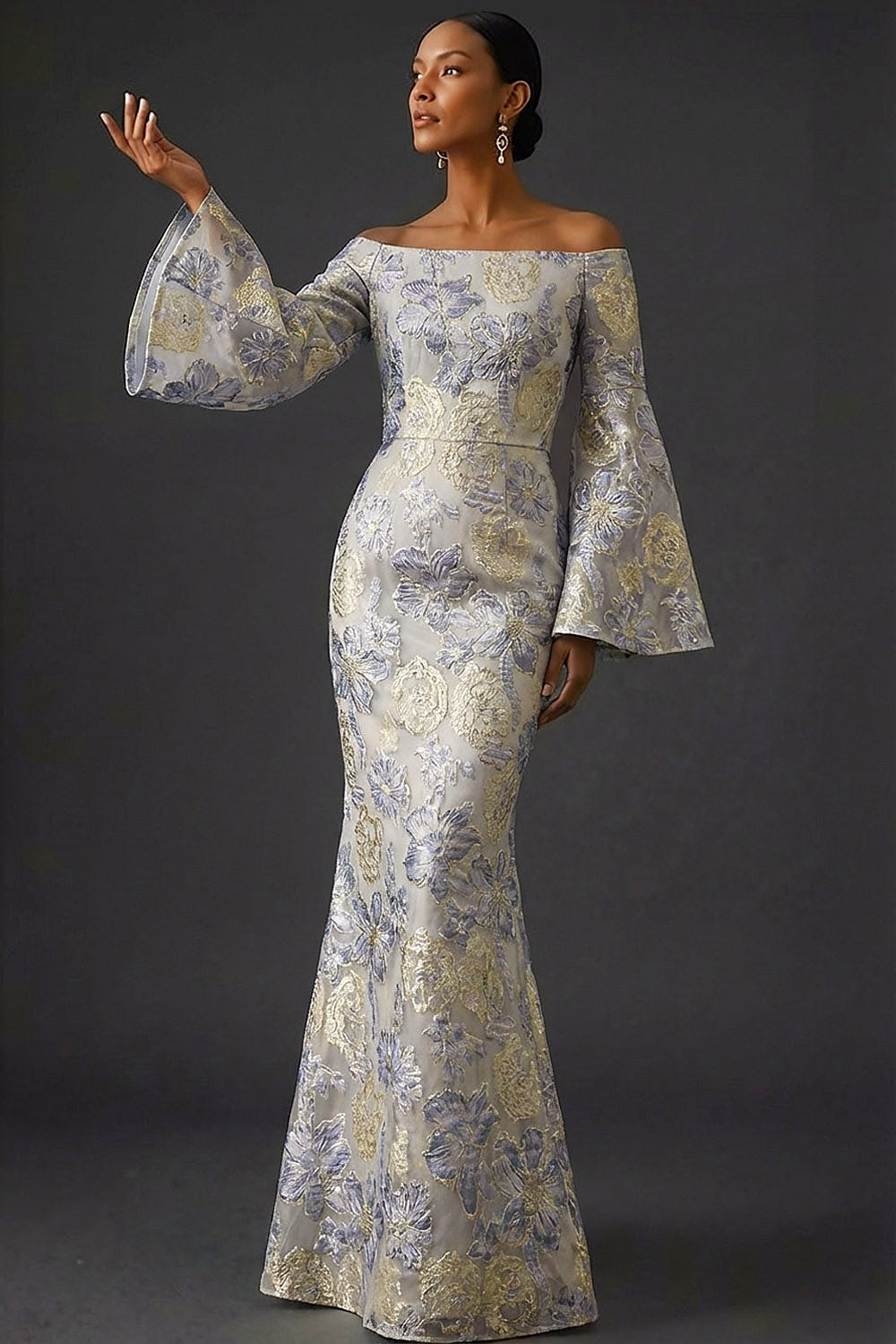 Leely Women Dusty Blue Floral Long Wedding Guest Dress Jacquard Off the