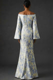 Dusty Blue Floral Flutter Sleeves Mermaid Long Wedding Guest Dress