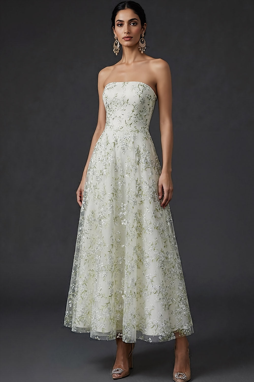 Leely Women Light Green Floral Midi Wedding Guest Dress Strapless A