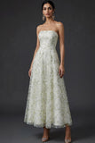 Light Green Floral Strapless A Line Midi Wedding Guest Dress