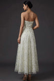 Light Green Floral Strapless A Line Midi Wedding Guest Dress