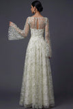 Light Green Floral Flutter Sleeves Maxi A Line Wedding Guest Dress