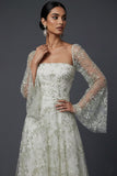 Light Green Floral Flutter Sleeves Maxi A Line Wedding Guest Dress