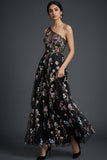 Black Floral One Shoulder A Line Maxi Wedding Guest Dress