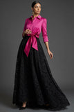 Fuchsia Collar Neck A Line Lace Long Formal Dress with Bow