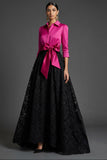 Fuchsia Collar Neck A Line Lace Long Formal Dress with Bow