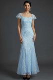 Sparkly Blue Floral Beaded Square Neck Mermaid Long Wedding Guest Dress with Ruffles