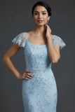 Sparkly Blue Floral Beaded Square Neck Mermaid Long Wedding Guest Dress with Ruffles