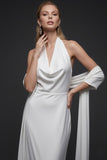 White Mermaid Satin Halter Long White Reception Dress