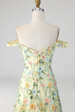 Mauve Floral A Line Embroidered Off the Shoulder Long Wedding Guest Dress
