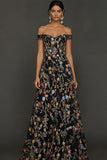 Mauve Floral A Line Embroidered Off the Shoulder Long Wedding Guest Dress