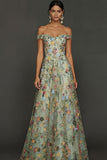 Mauve Floral A Line Embroidered Off the Shoulder Long Wedding Guest Dress
