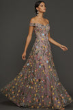 Mauve Floral A Line Embroidered Off the Shoulder Long Wedding Guest Dress