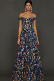 Mauve Floral A Line Embroidered Off the Shoulder Long Wedding Guest Dress