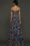 Mauve Floral A Line Embroidered Off the Shoulder Long Wedding Guest Dress