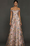 Mauve Floral A Line Embroidered Off the Shoulder Long Wedding Guest Dress