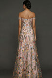 Mauve Floral A Line Embroidered Off the Shoulder Long Wedding Guest Dress