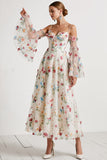 Floral Corset White Spaghetti Straps Long Wedding Reception Dress