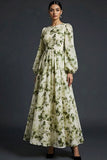 Green Floral A Line Maxi Wedding Guest Dress with Long Sleeves